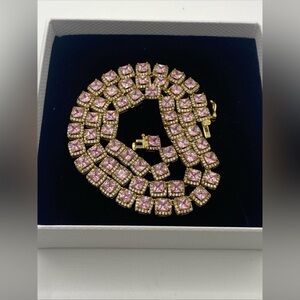 Vintage Square Tennis Necklace 14k Gold Plated Choker Pink Lab Diamonds